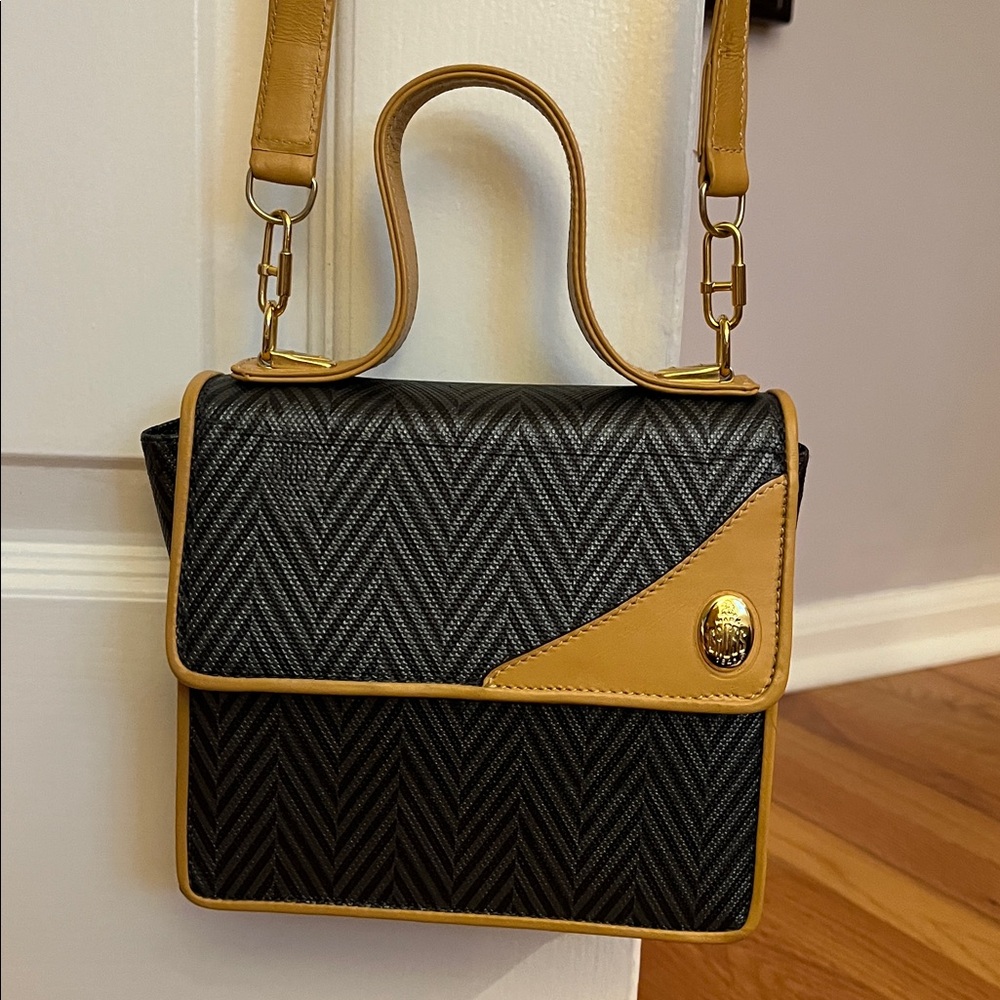 Mark Cross Vintage Crossbody Mini Bag Canvas Leather Flap Black Tan Top Handle